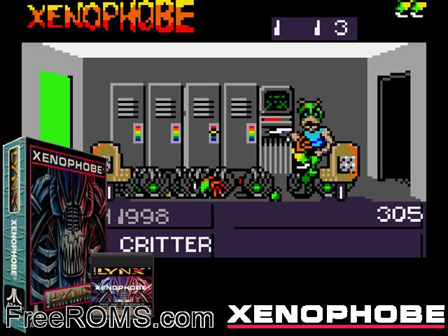 Xenophobe (1990) [a2] Atari Lynx game showing 3D box cover and gameplay screenshot
